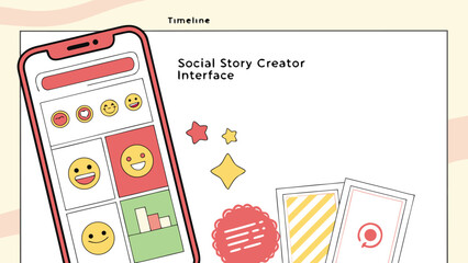 Illustration of a smartphone displaying a social story creator interface with various design elements