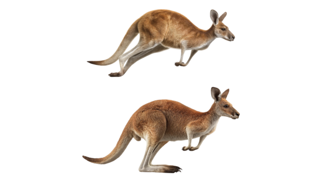 Two kangaroos are jumping, isolated on transparent background, showcasing australian wildlife and the unique marsupial species