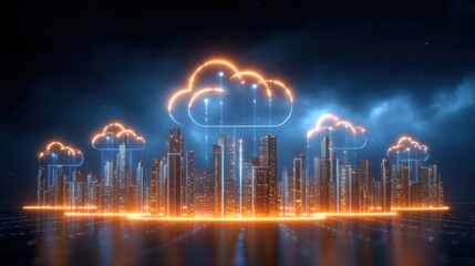 Enterprise Software Cloud Migration Concepts for Digital Transformation. A futuristic cityscape illuminated by glowing clouds symbolizes advanced technology and digital connectivity.
