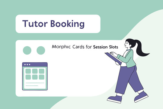 Illustration of a tutor booking interface with a woman holding a tablet and a calendar displaye d