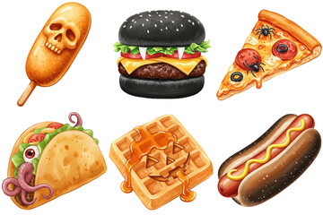 Halloween fast food watercolor set with spooky snacks and funny horror details, themed burgers, tacos, waffles, and pizza