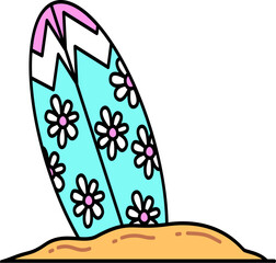 Cute Retro Groovy Summer Cartoon Surfboard with Floral Design on Beach Illustration
