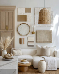 Interior design moodboard inspired by the Wabi-Sabi style. Natural textures, a neutral color palette, and organic elements create a calm and elegant atmosphere.