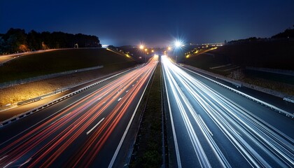 nighttime highway view with illuminated road dividers and directional arrows