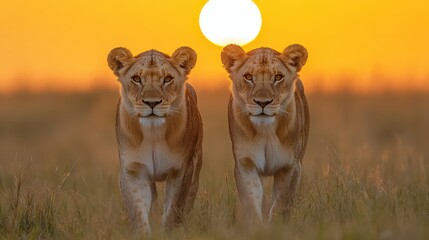 Naklejka premium Lions stride gracefully across the golden grasslands at sunset in the Serengeti