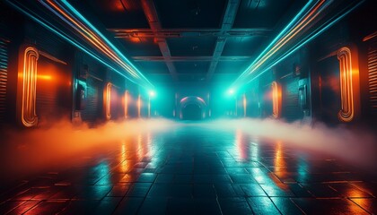 a cinematic view of a neon lit underground rave pulsating aqua and orange lights surrounded by misty vapor clouds metallic reflections on the wet floor