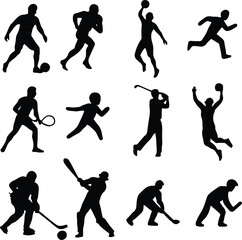 Sports Silhouettes Vector Pack – Football, Basketball, Baseball, Golf, Tennis, Swimming, Ice Hockey, Fencing, Volleyball, Athletic Action Poses – Black Sport Player Silhouette Figures – Editable Athle
