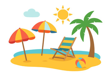 Obraz premium A vibrant seaside scene with palm trees, sunshine, and undulating waves, ideal for summer-themed gatherings, Summer beach theme with blank banner on white background