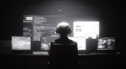 Artificial intelligence woman working facing multiple computer screens in a dark room. Futuristic ai technology concept with data monitoring.