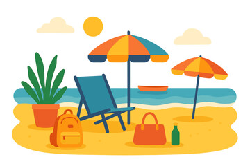 Experience a lively getaway to a tropical paradise complete with beach chairs, toys, and a welcoming sun umbrella set against a backdrop of clear skies, perfect for a summer holiday and vacation