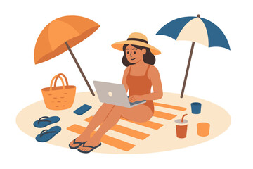 A vibrant illustration shows a woman enjoying the freedom of remote work, sitting on a beach with a laptop, surrounded by sunny elements of the holiday lifestyle