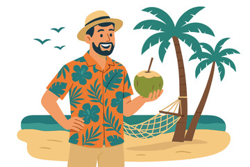 Summer island vacation featuring a tropical getaway with a hammock and a refreshing drink