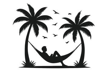 Peaceful silhouette of a person lounging in a serene hammock, embodying a perfect moment of relaxation and solitude ideal for designs related to chill lifestyle, wellness, and beach retreats