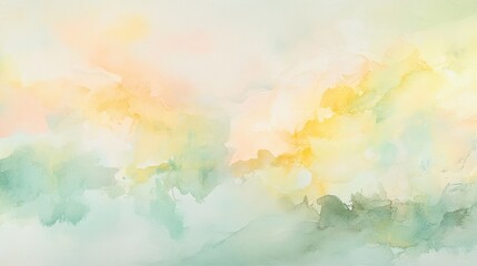 Fototapeta premium Abstract watercolor washes of pale yellow, peach, and mint green. Soft, blended colors create a serene, cloud-like effect