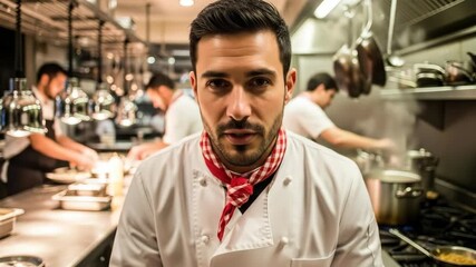 Professional male chef with a serious expression and a red bandana looking at the camera in a modern busy commercial kitchen with colleagues in the background