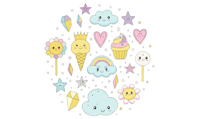 Kawaii Cute Clipart Pastel Food, Rainbow, Star, Cloud, and Technology Vector Icons