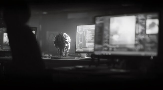 Human brain anatomical model next to computer screens with code, representing artificial intelligence and advanced technology in a dark laboratory. - Powered by Adobe