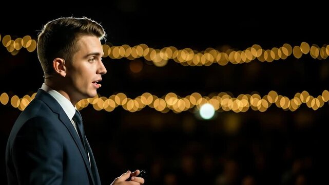 Handsome businessman in a suit speaking confidently at a podium with warm string lights in the background a professional and successful event scene