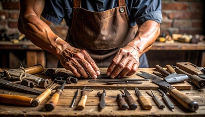 Skilled Artisan's Hands Carefully Selecting Tools on a Rustic Workbench