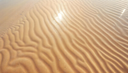 Fototapeta premium High-resolution close-up photograph of wet beach sand with natural ripple patterns, sunlight reflections, fine texture, abstract background, photorealistic, top-down view 