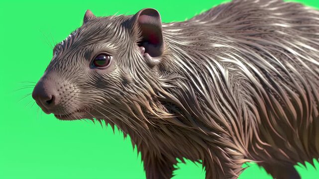Close-up of a large tropical rodent with wet, striped fur, isolated on a vibrant green screen background for easy compositing.