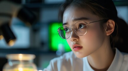 Focused young woman studying science with microscope in laboratory at night, serious expression