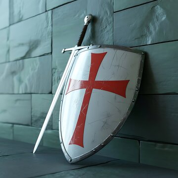 A crusaders sword and shield lean against a stone wall, symbolizing medieval warfare, religious faith, and knightly valor