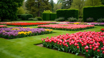 Colorful Formal Garden with Geometric Flowerbeds and Blooming Tulips

