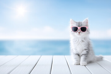 A kitten in sunglasses sits on a wooden pier by the ocean, copy space.