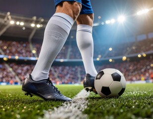 Fototapeta premium Soccer Player with Ball on Stadium Field at Night