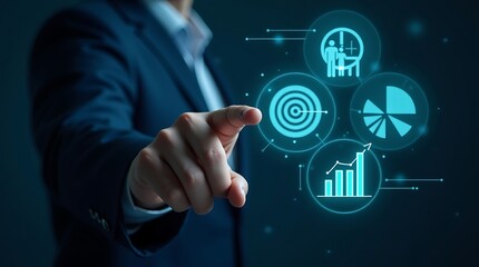 Businessman presses a social network icon on a virtual screen, symbolizing global connection and digital communication