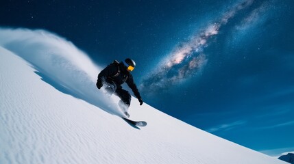Snowboarder Gliding on Fresh Powder with Milky Way Galaxy in Night Sky Above