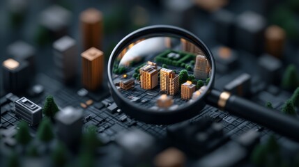 Naklejka premium Magnifying Glass Over Miniature Cityscape Model with Urban Landscape Focus