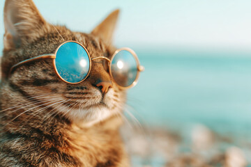 A cool cat in sunglasses is relaxing on the beach by the sea.