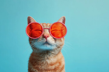 Stylish ginger cat in sunglasses on a blue background.