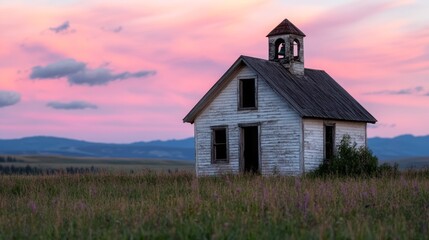 Abandoned Schoolhouse in a Violet Sunset with Lush Grass and Cloudy Sky