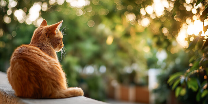 Ginger tabby cat sitting attentively in sunlit garden with lush greenery and natural lighting, capturing peaceful outdoor moments and feline behavior in nature