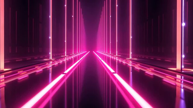 Futuristic neon tunnel with vibrant pink and purple light beams creating digital pathway
