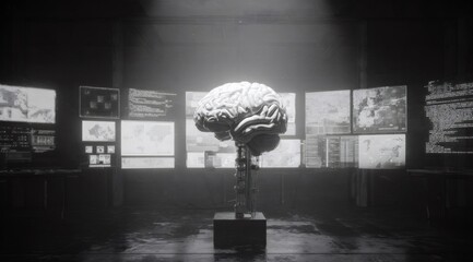 Human brain connected to complex machinery in a futuristic server room. Artificial intelligence computing and data analysis.