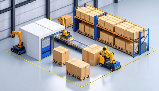 High-Tech Warehouse Automation: Yellow Robotic Arms and AMRs Handling Cardboard Boxes