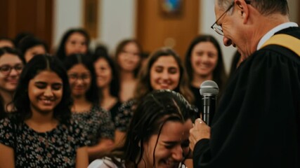 Woman laughing with closed eyes standing in water, being baptized by priest or pastor. Christian religious ceremony footage.