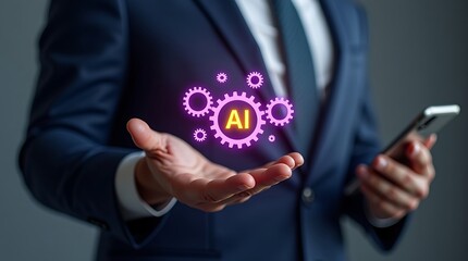 Businessman using tablet to connect with global social network icons and AI technology symbols