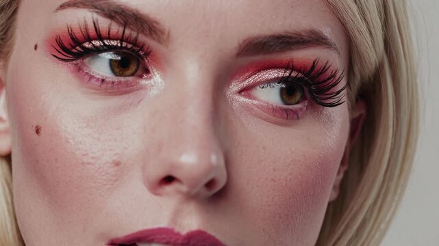 A close-up view showcases a model demonstrating bold makeup techniques using bright colors. The focus is on vibrant eye shadow and expertly applied lashes, highlighting the artistry involved