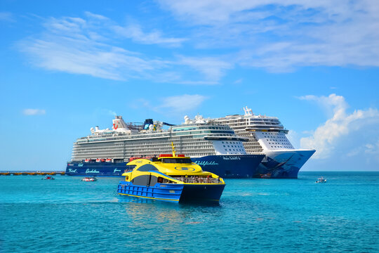 Cozumel, Quintana Roo, Mexico on December 5, 2018. Two majestic cruise ships in the waters of the Mexican Caribbean, with one of the Ultramar ferries in front.