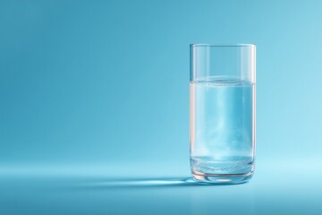 Clear glass of water on light blue background.