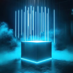 Dark space, illuminated by vibrant, vertical neon blue lines. A dark, cube-shaped platform glows with neon blue light