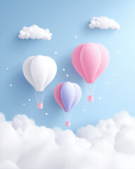 Colorful hot air balloons floating in a bright blue sky with fluffy clouds and soft white background