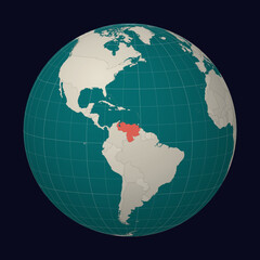 Fototapeta premium Venezuela on the map. Globe centered to Venezuela. Country location on the world map. Teal Pale Mint color palette. Globe with countries, meridians and parallels. Awesome vector illustration.