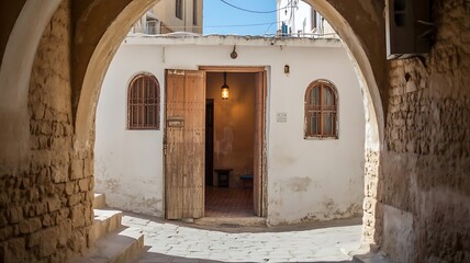 An old house in the kasbah of algiers with an open door and windows under an archway on a sunny day