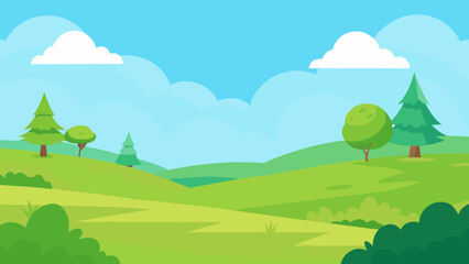 Fototapeta premium Open Meadow Scene in Vector Art Style with Distant Trees and Blue Sky